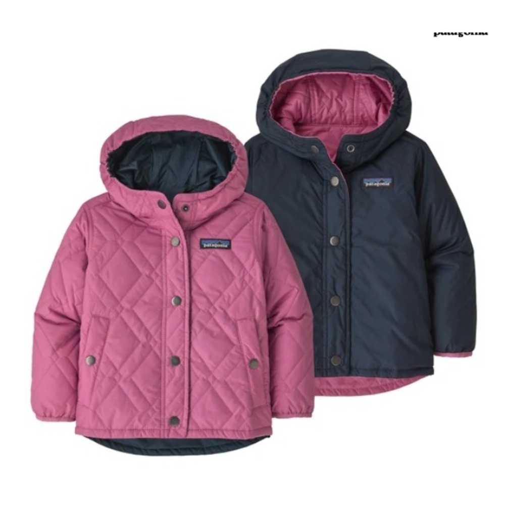 Patagonia Baby Reversible Diamond Quilt Hoody Navy Pink Jacket 18M